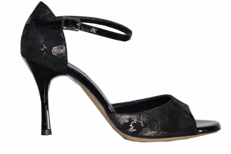 Roma D Flower - Chaussures de Tango Argentin - Daim Noir Imprimé Motifs Or