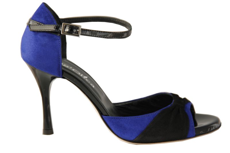 Romana D Chaussures de Tango Argentin - Tang'Olica Romana D Daim Bleu Daim Noir Vernis Noir