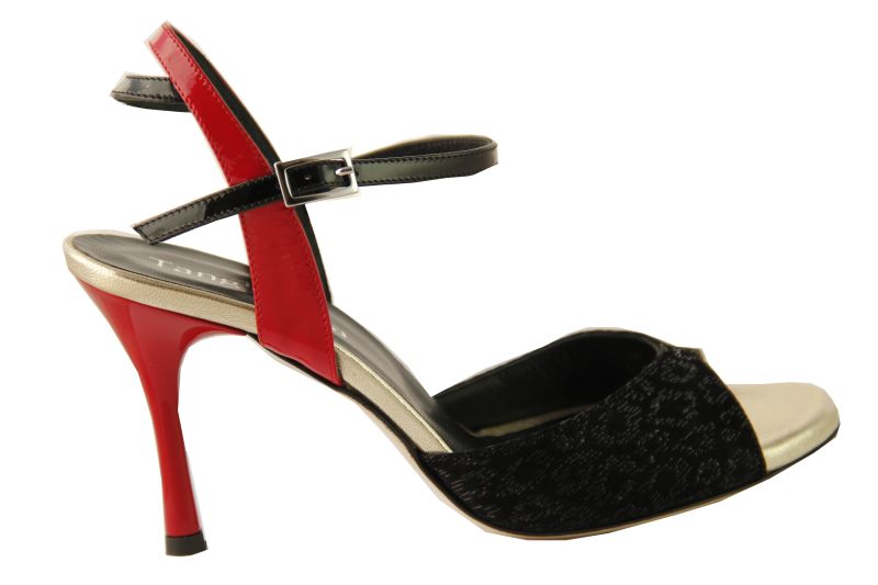 Napoli C Panthere Chaussures de Tango Argentin Cuir Fantaisie Noir Cuir Platine Vernis Rouge