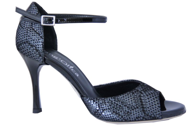 Roma C - Chaussures de Tango Argentin - Tang'Olica - Vipérine Noir Cuir Fantaisie Noir et Gris