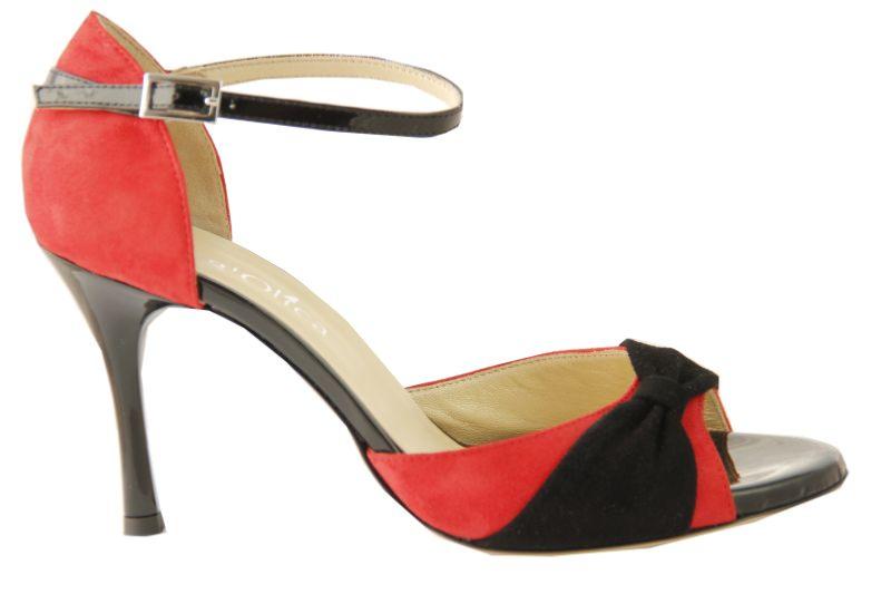  Romana D+ - Chaussures de Tango argentin - Tang'Olica - Daim Rouge Daim Noir Vernis Noir