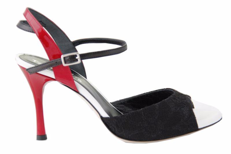 Napoli C - Chaussures de Tango Argentin - Tang'Olica - Dentelle Noir - Vernis Blanc - Vernis Rouge -