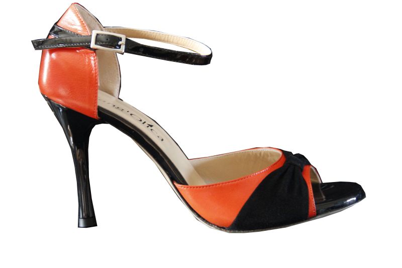 Romana C - Chaussures de Tango argentin - Tang'Olica - Cuir Orange Daim Noir Vernis Noir