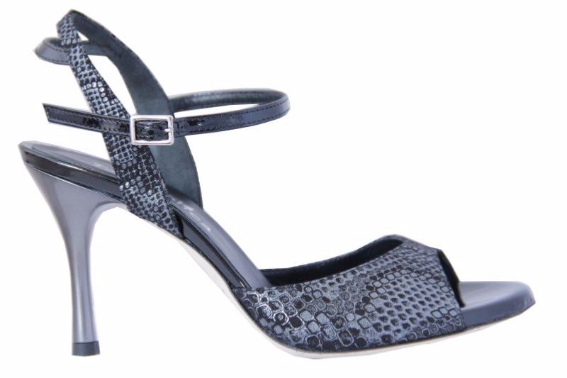 Napoli D - Chaussures de Tango argentin - Tang'Olica -  Cuir Vipérine Noir Vernis Noir