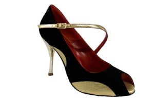 807 Horus or Chaussures de Tango Chaussures de Kizomba Daim Noir cuir Or